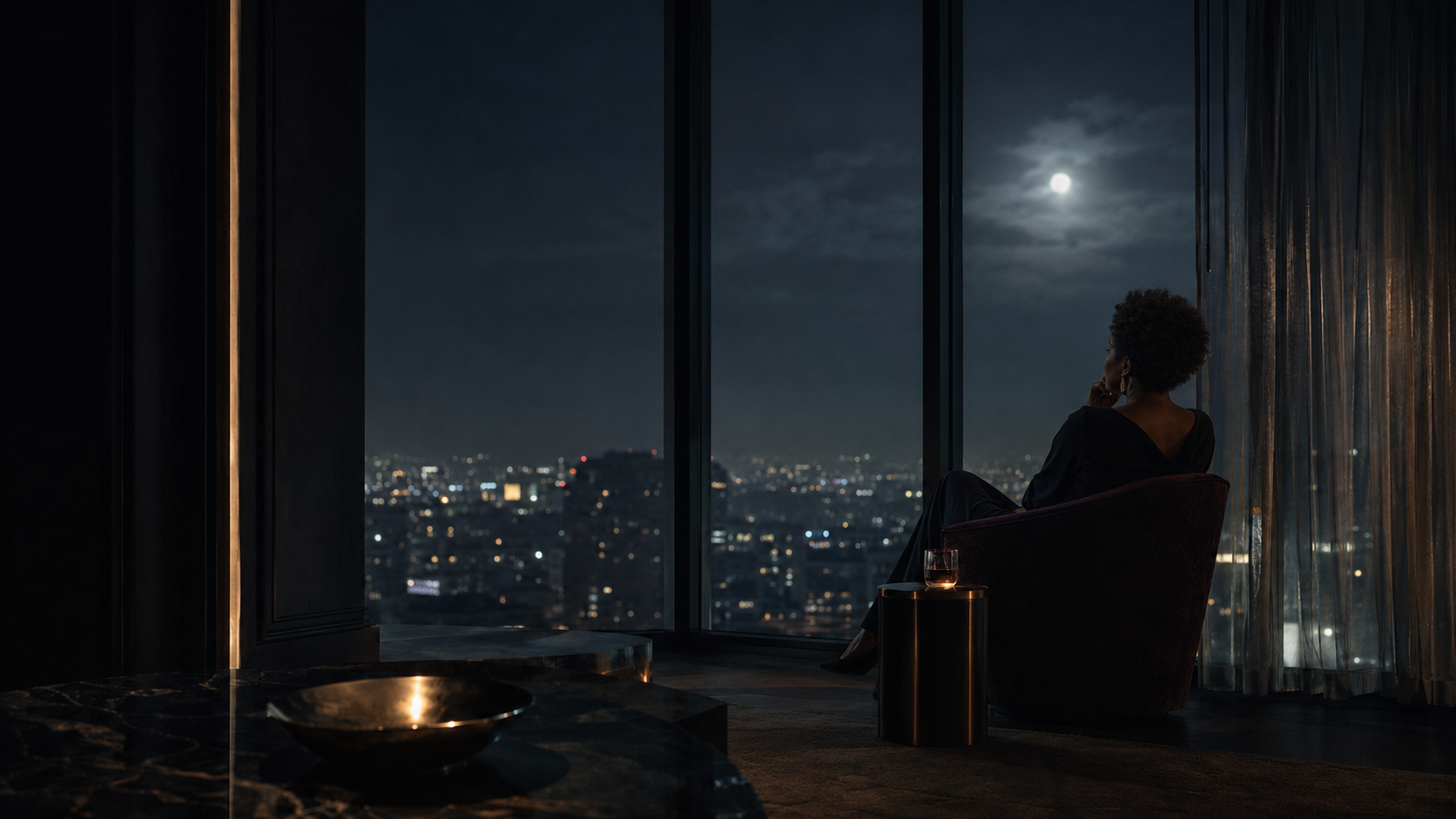 A quiet late-night room overlooking city lights beneath the moon