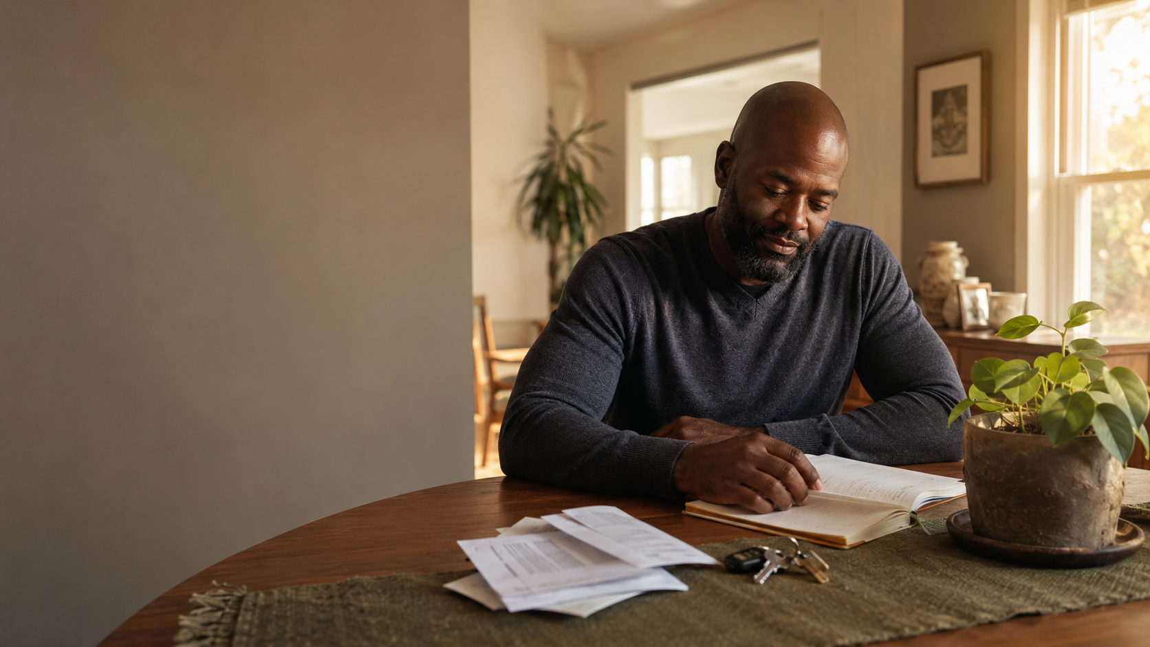 A man reviewing household plans at a table with keys and a growing plant